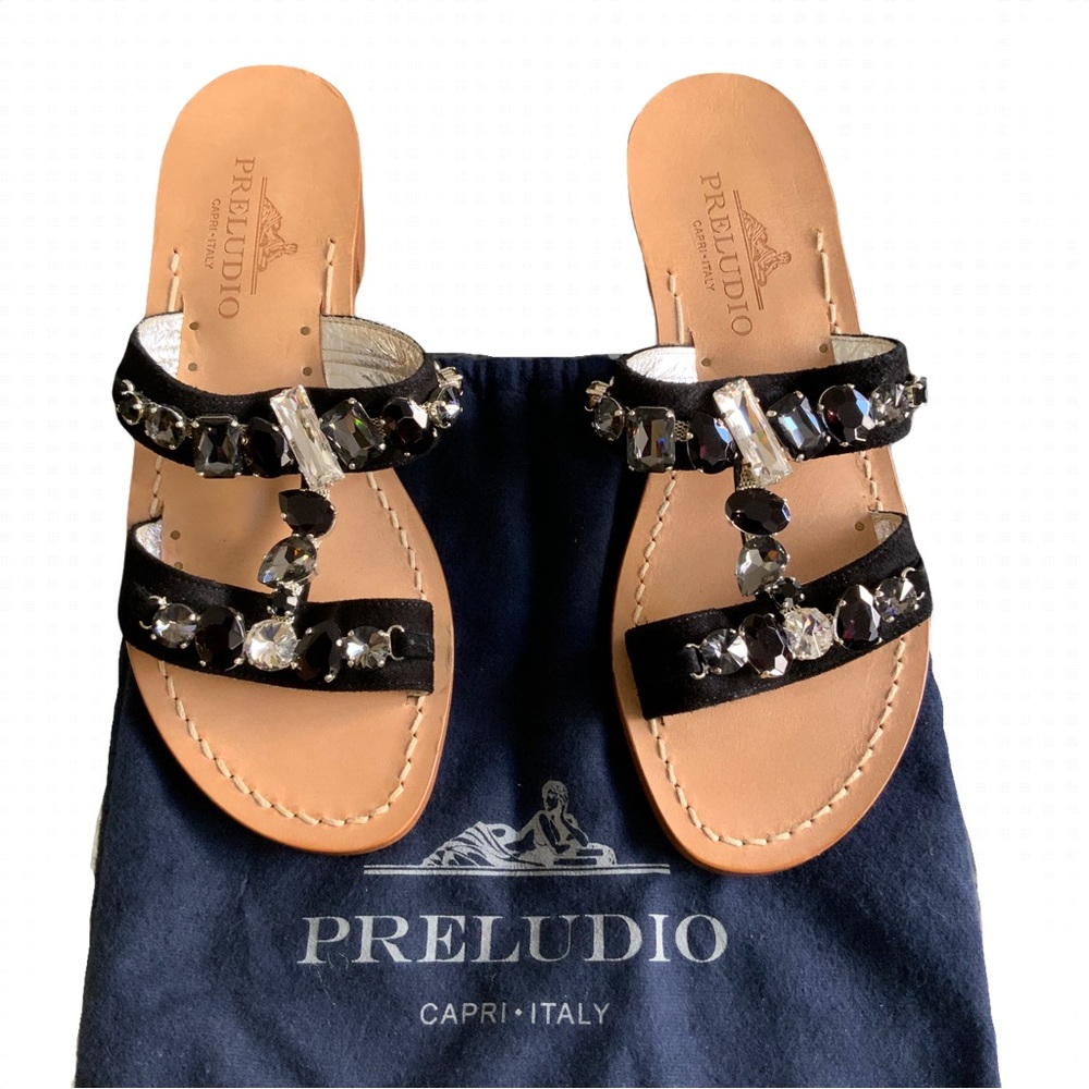 Preludio Women’s Sandals Shoes Sz 8 Italy Black Leather Beaded Block Heel